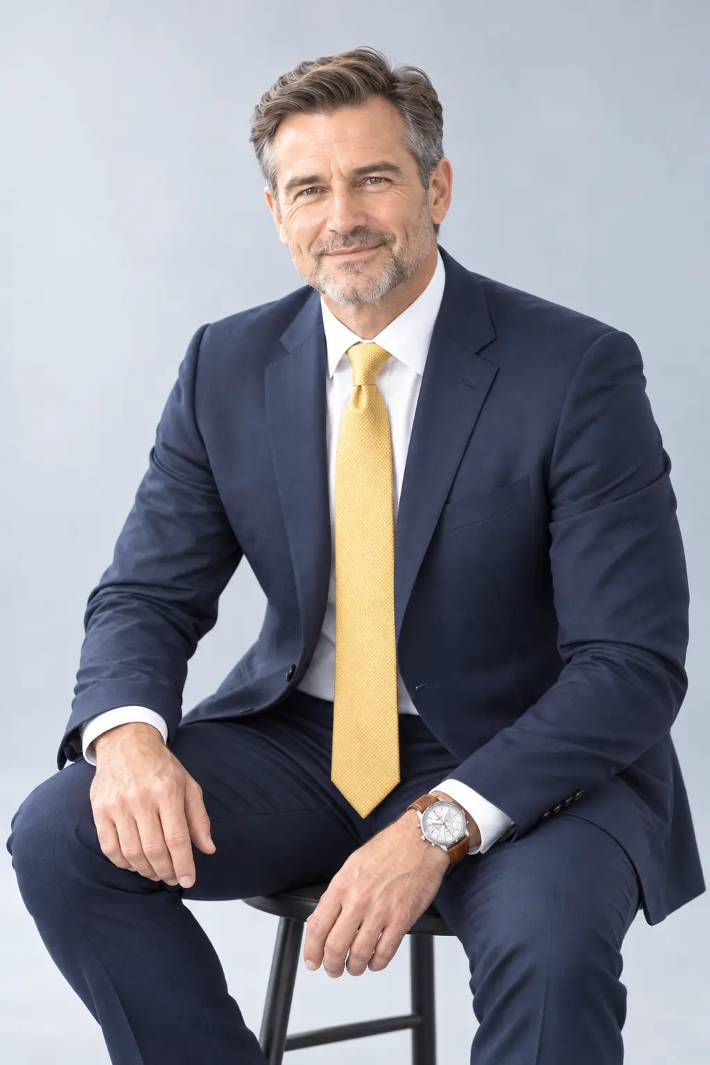 Professional portrait of a businessman in a navy suit and yellow tie