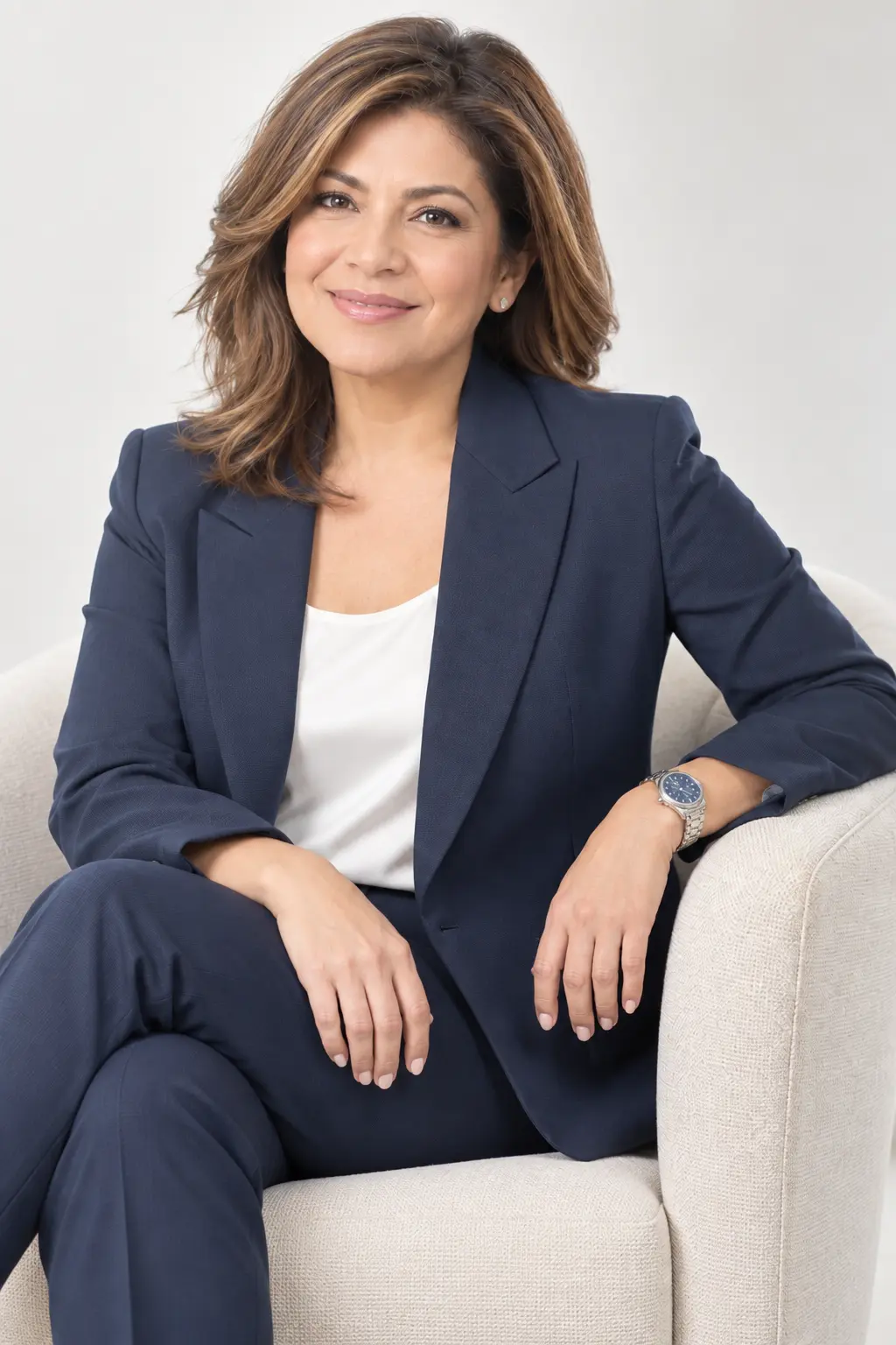 Professional portrait of a Hispanic businesswoman in a navy suit