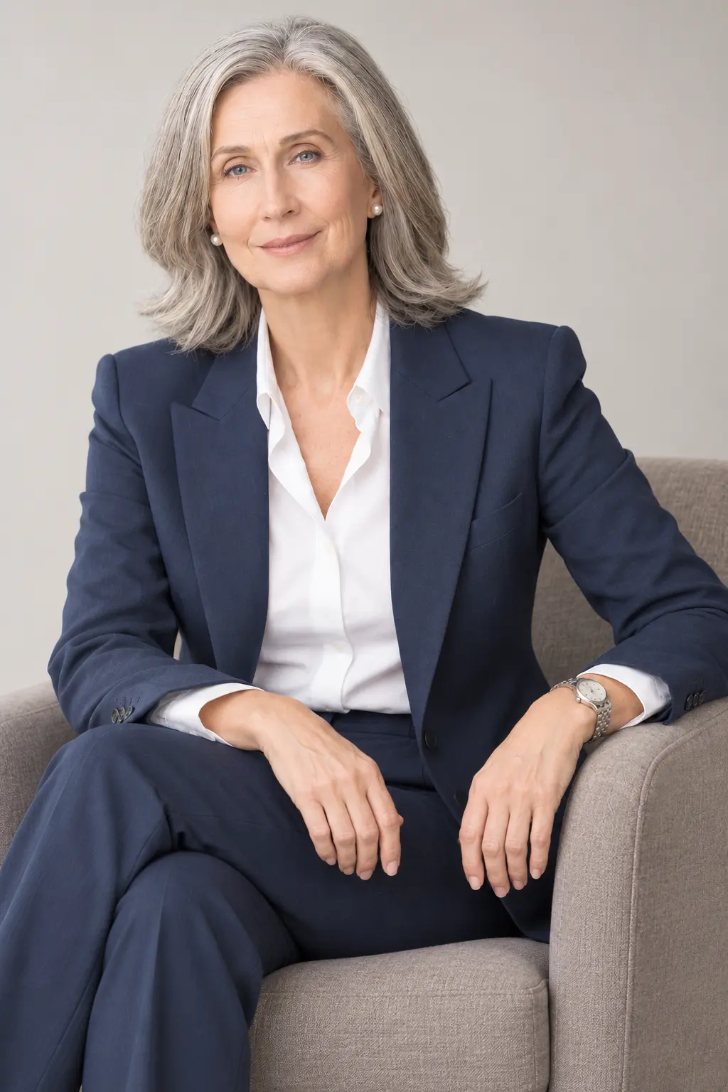 Professional portrait of a silver-haired businesswoman in a navy suit