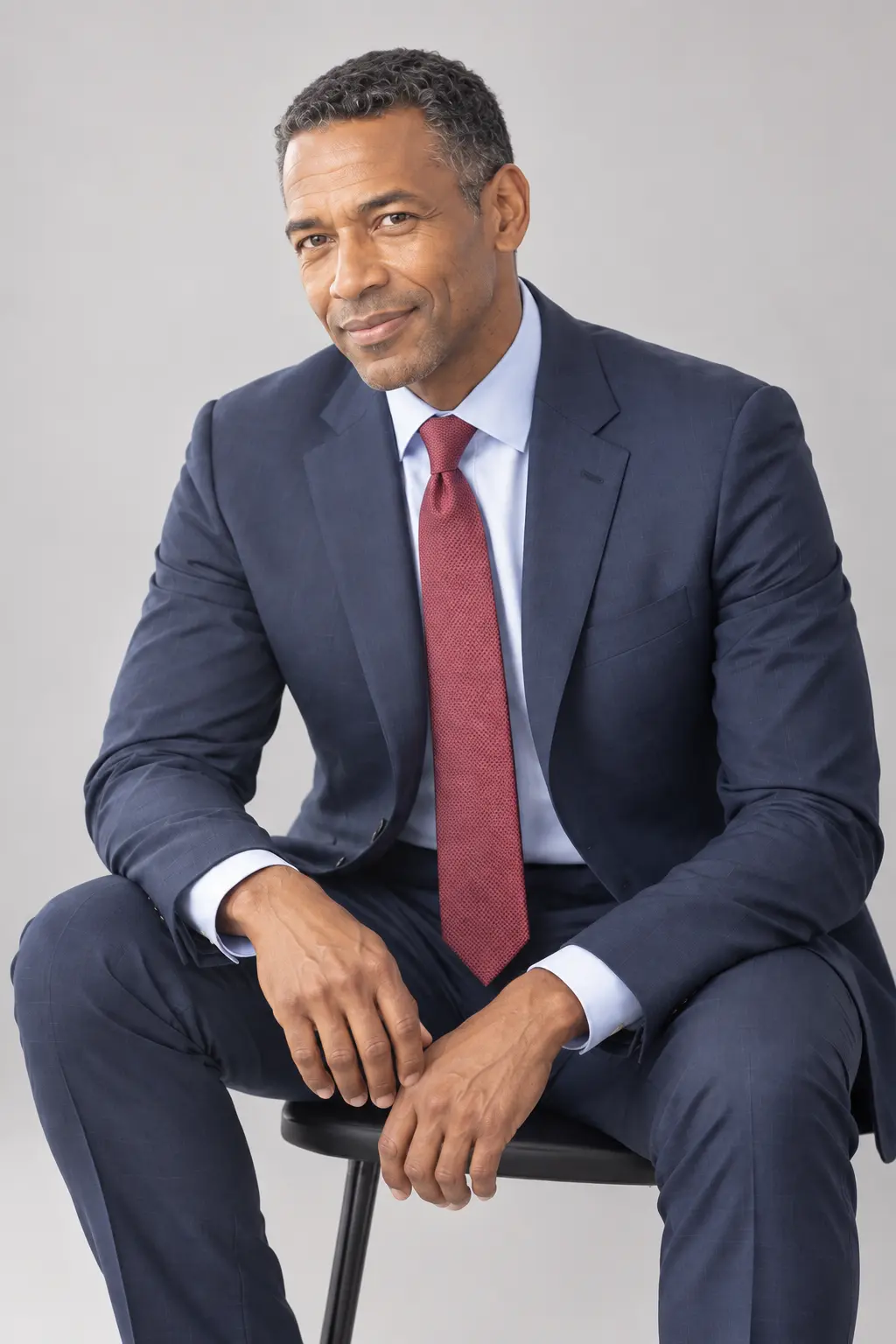 Professional portrait of a businessman in a navy suit and red tie