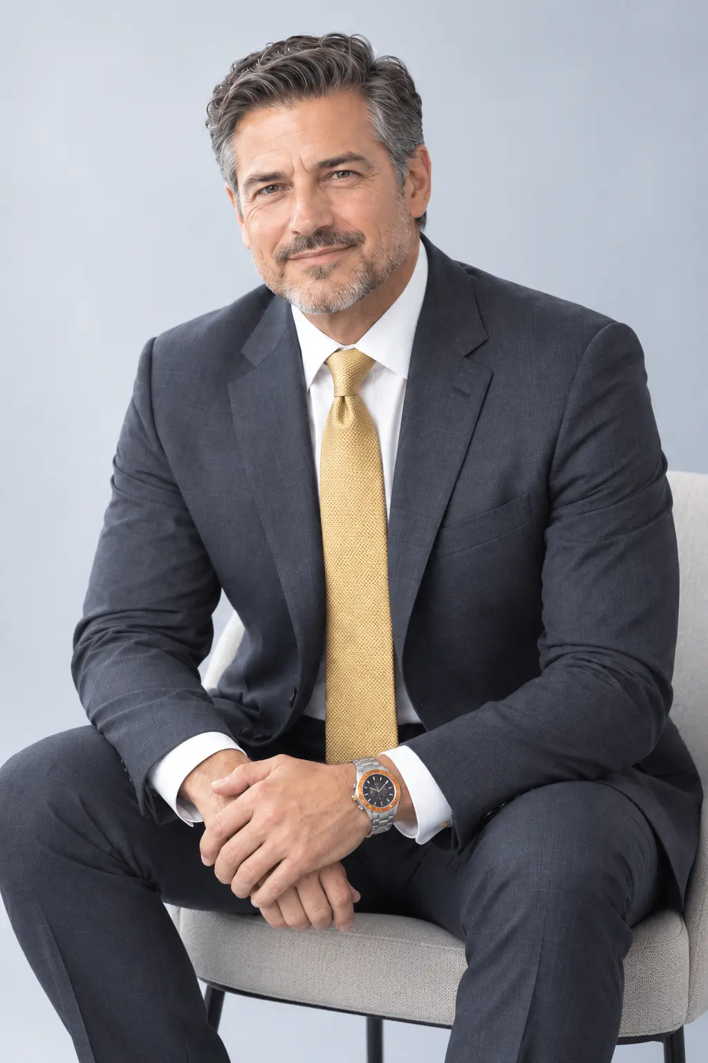 Professional portrait of a businessman with salt-and-pepper hair in a navy suit and gold tie