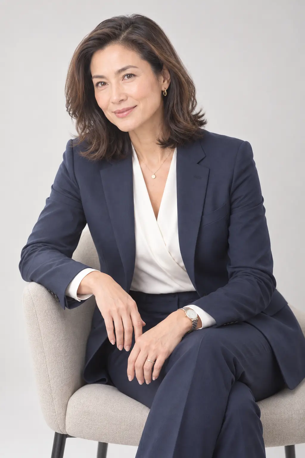Professional portrait of an Asian businesswoman in a navy suit