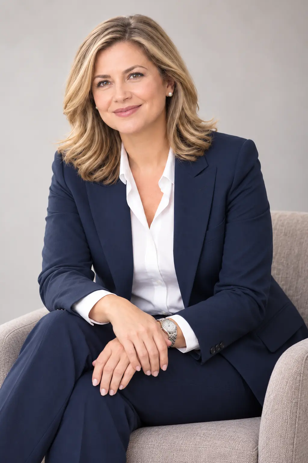 Professional portrait of a businesswoman with highlighted hair in a navy suit