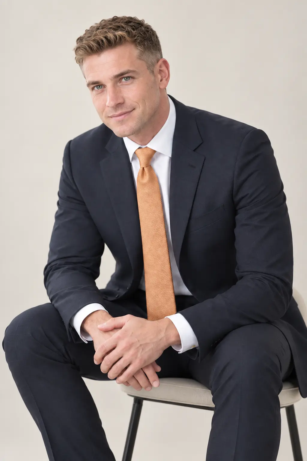 Professional portrait of a young businessman in a navy suit and gold tie