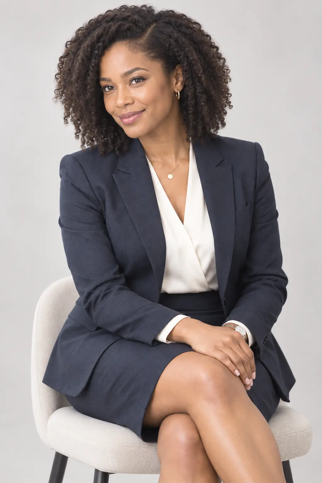 Professional portrait of a Black businesswoman in a navy suit